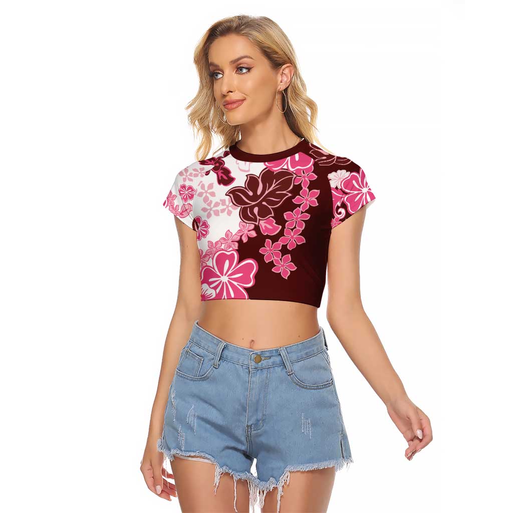 Pink Hibiscus Plumeria Floral Raglan Cropped T Shirt LT01 Female Pink - Polynesian Pride