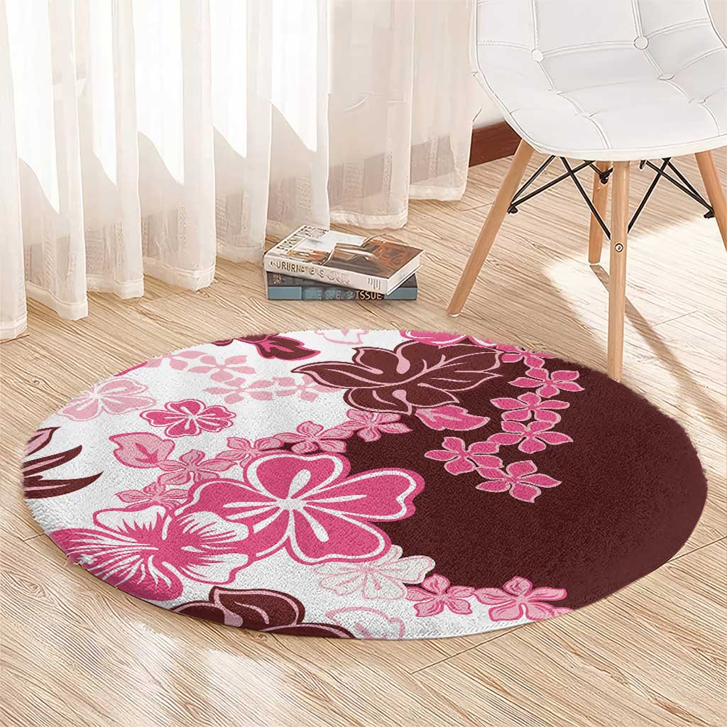 Pink Hibiscus Plumeria Floral Round Carpet - Polynesian Pride