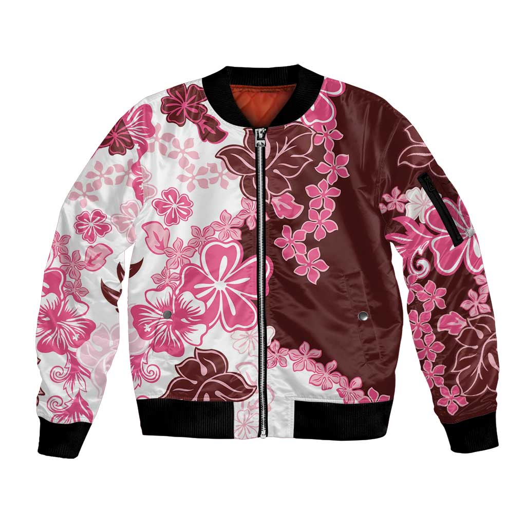 Pink Hibiscus Plumeria Floral Sleeve Zip Bomber Jacket LT01 Unisex Pink - Polynesian Pride