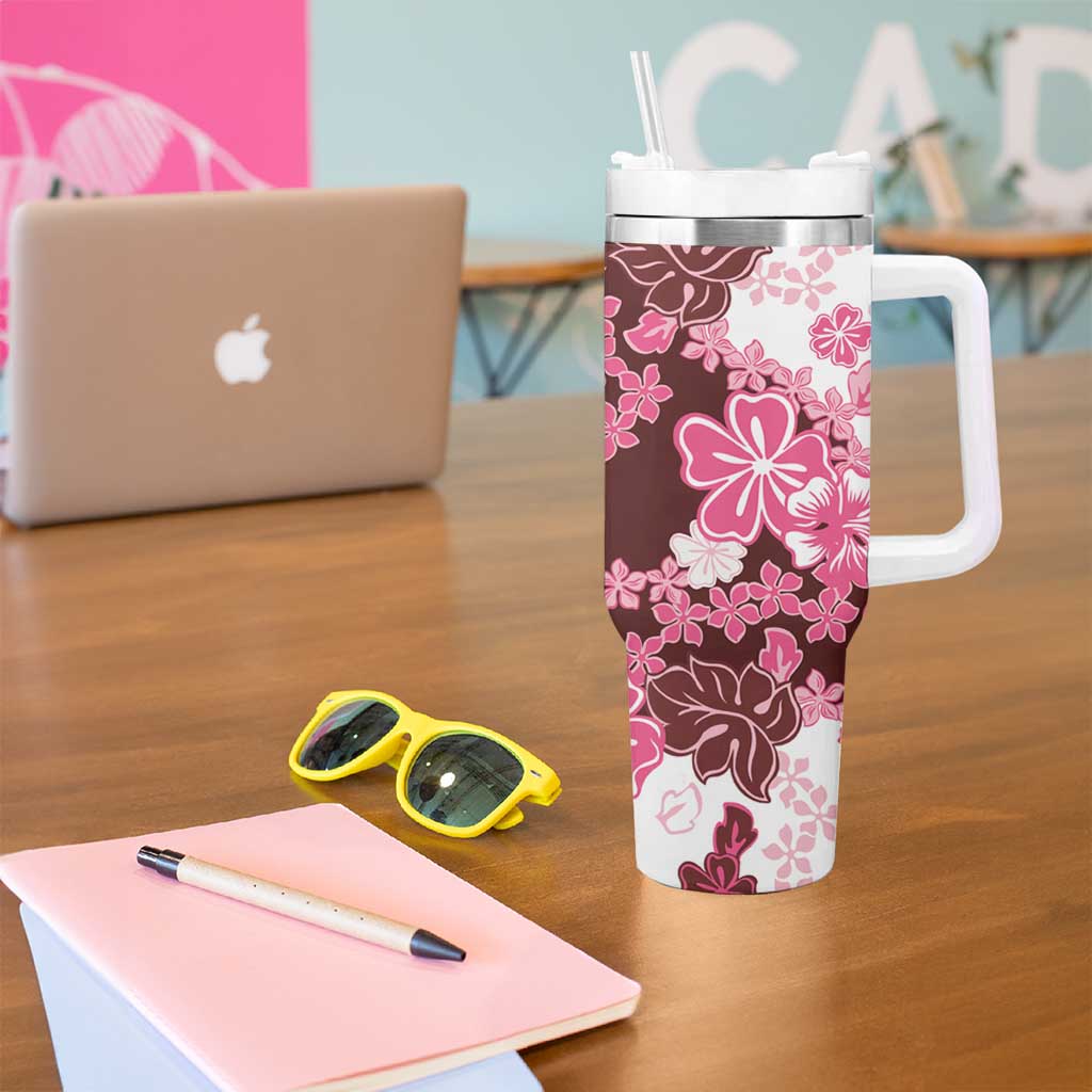 Pink Hibiscus Plumeria Floral Tumbler With Handle - Polynesian Pride