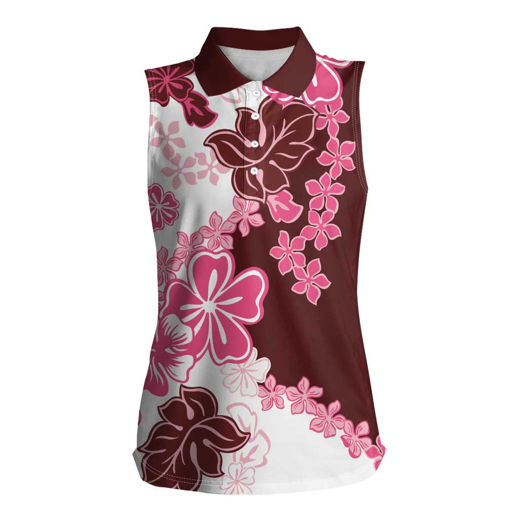 Pink Hibiscus Plumeria Floral Women Sleeveless Polo Shirt - Polynesian Pride