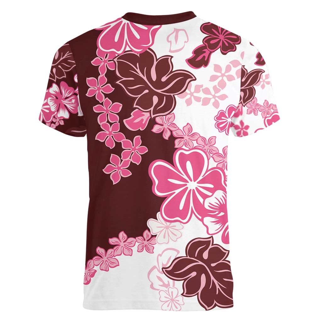 Pink Hibiscus Plumeria Floral Women V-Neck T-Shirt - Polynesian Pride