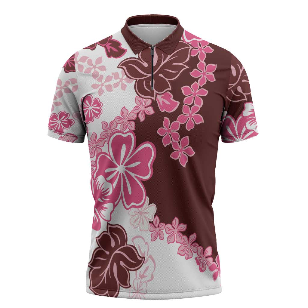 Pink Hibiscus Plumeria Floral Zipper Polo Shirt - Polynesian Pride