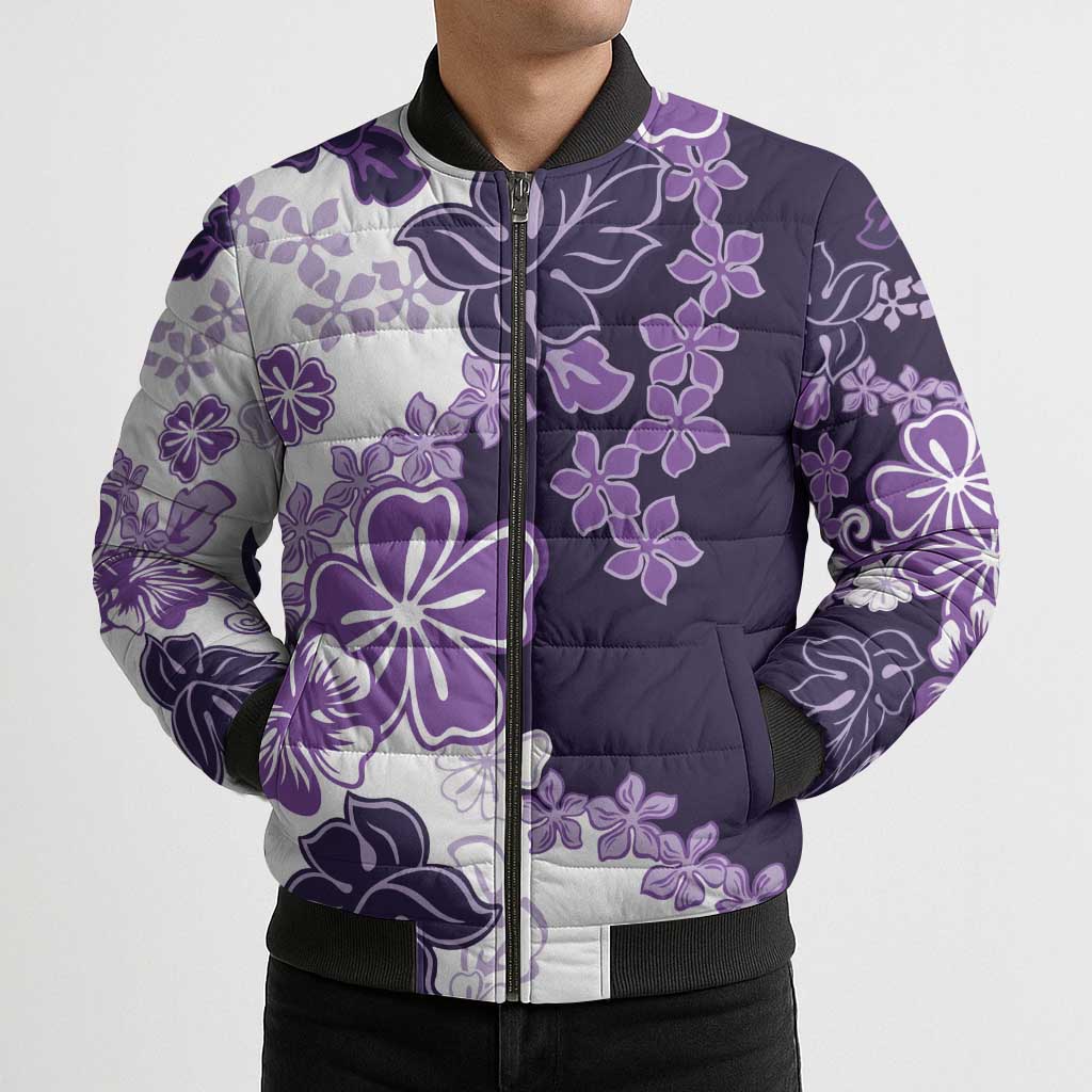 Purple Hibiscus Plumeria Floral Bomber Puffer Jacket - Polynesian Pride