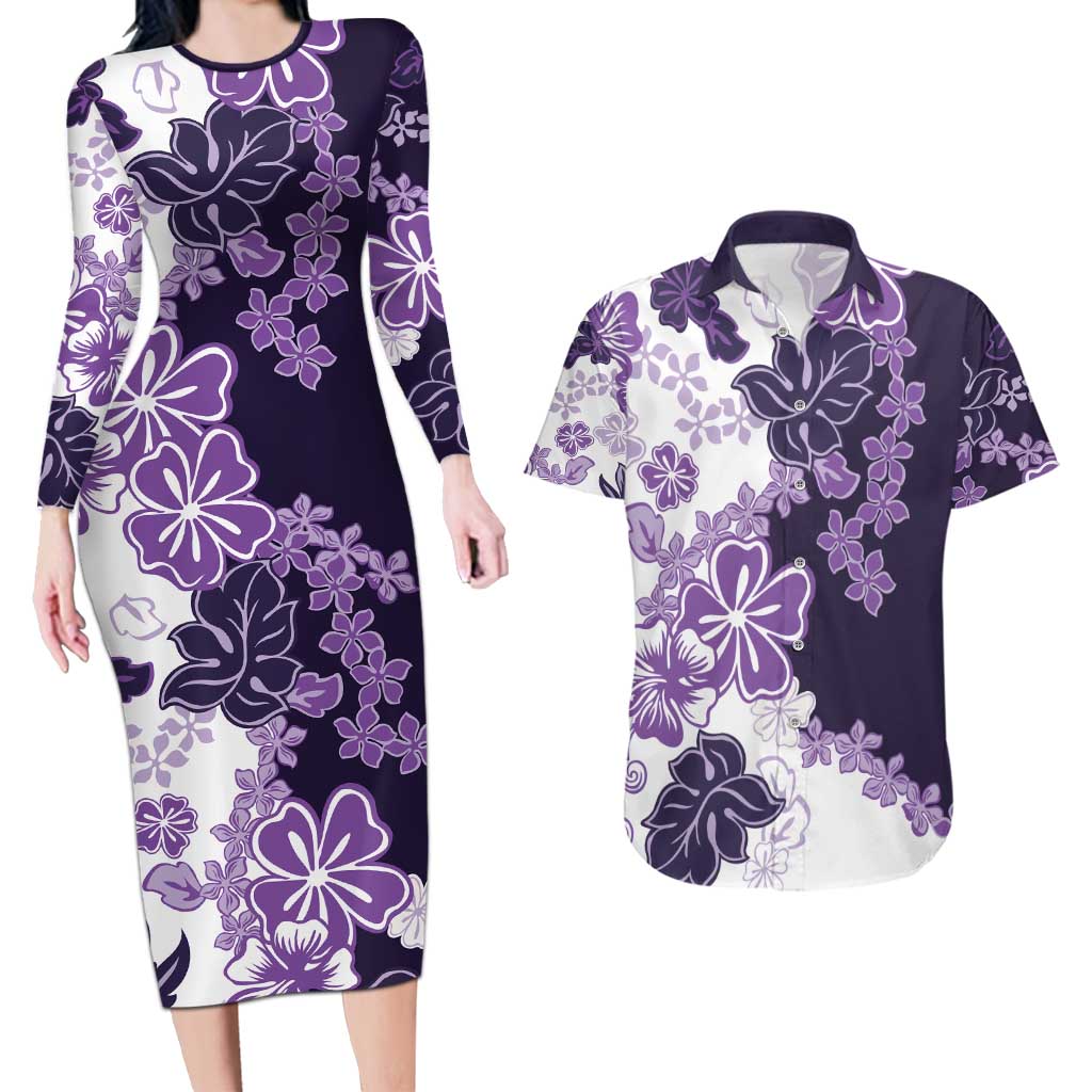 Purple Hibiscus Plumeria Floral Couples Matching Long Sleeve Bodycon Dress and Hawaiian Shirt - Polynesian Pride