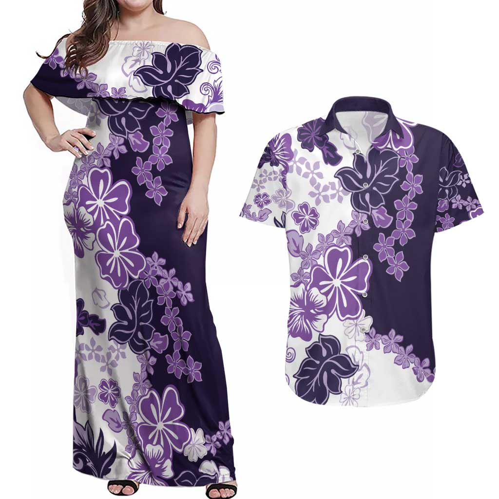 Purple Hibiscus Plumeria Floral Couples Matching Off Shoulder Maxi Dress and Hawaiian Shirt - Polynesian Pride