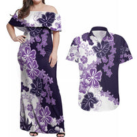 Purple Hibiscus Plumeria Floral Couples Matching Off Shoulder Maxi Dress and Hawaiian Shirt - Polynesian Pride