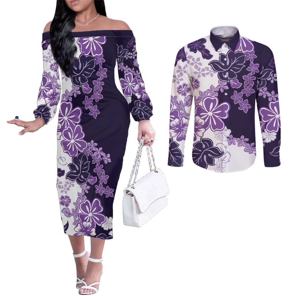 Purple Hibiscus Plumeria Floral Couples Matching Off The Shoulder Long Sleeve Dress and Long Sleeve Button Shirt - Polynesian Pride
