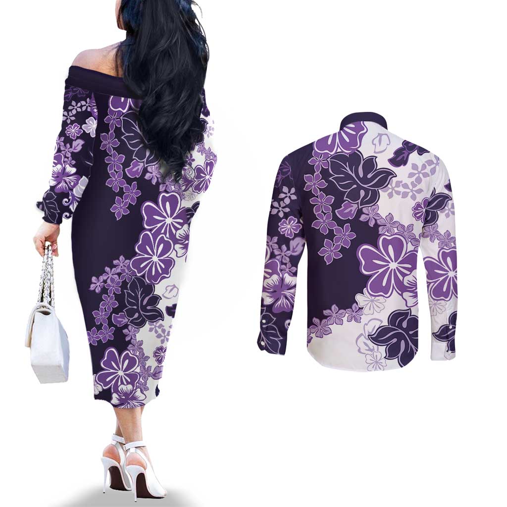 Purple Hibiscus Plumeria Floral Couples Matching Off The Shoulder Long Sleeve Dress and Long Sleeve Button Shirt - Polynesian Pride