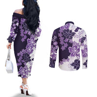 Purple Hibiscus Plumeria Floral Couples Matching Off The Shoulder Long Sleeve Dress and Long Sleeve Button Shirt - Polynesian Pride