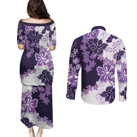 Purple Hibiscus Plumeria Floral Couples Matching Puletasi and Long Sleeve Button Shirt LT01 - Polynesian Pride