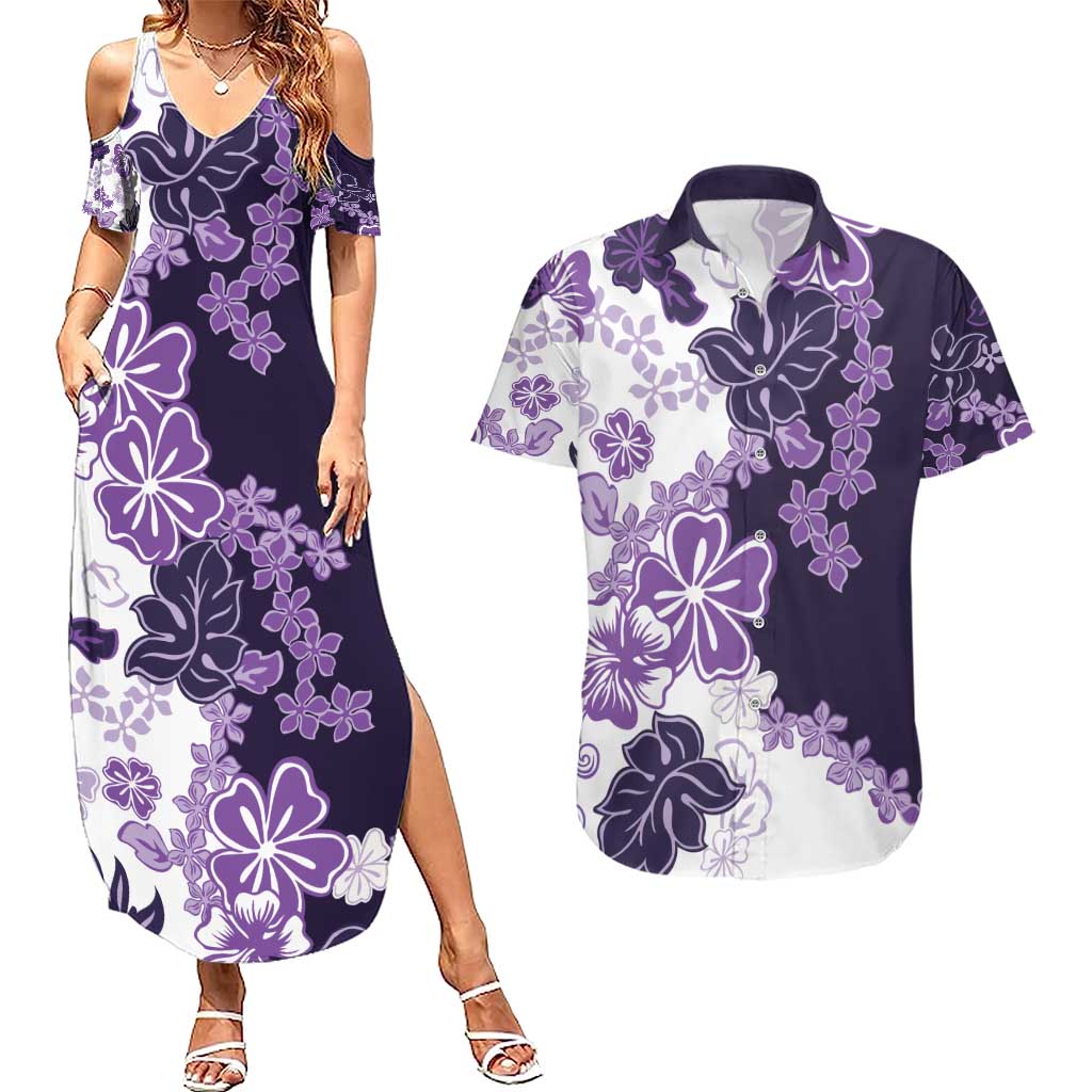 Purple Hibiscus Plumeria Floral Couples Matching Summer Maxi Dress and Hawaiian Shirt - Polynesian Pride