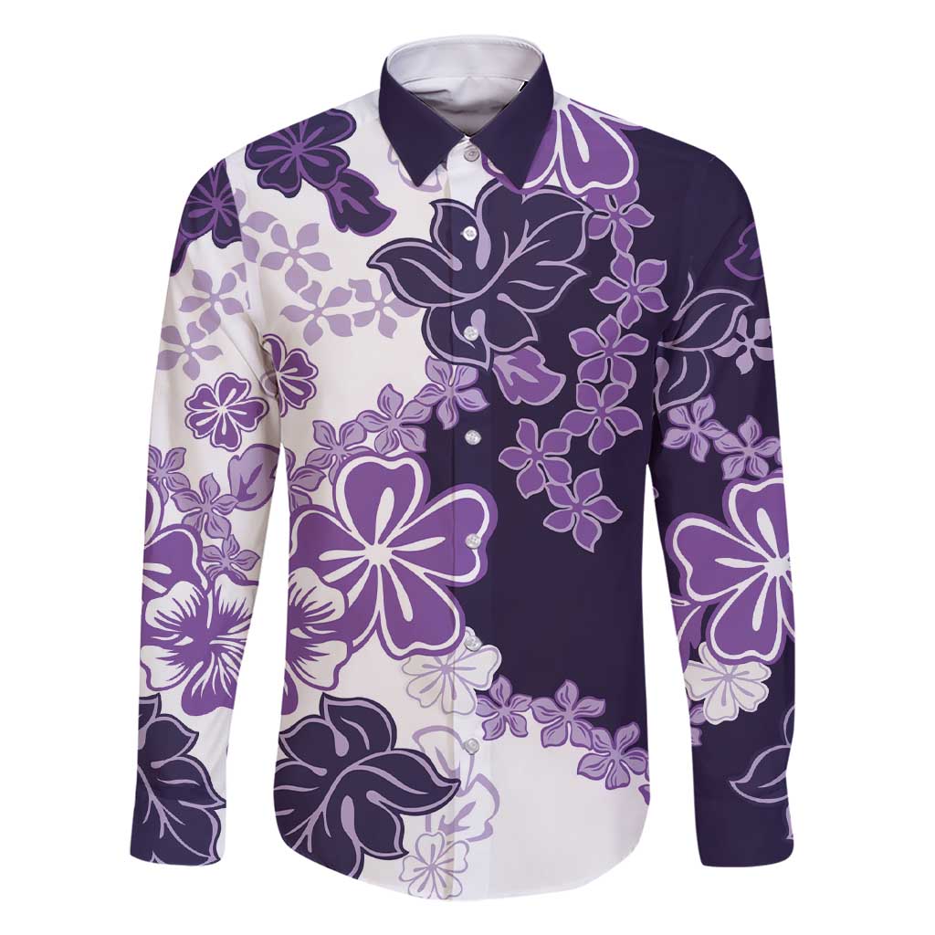 Purple Hibiscus Plumeria Floral Family Matching Short Sleeve Bodycon Dress and Hawaiian Shirt LT01 Dad's Shirt - Long Sleeve Purple - Polynesian Pride