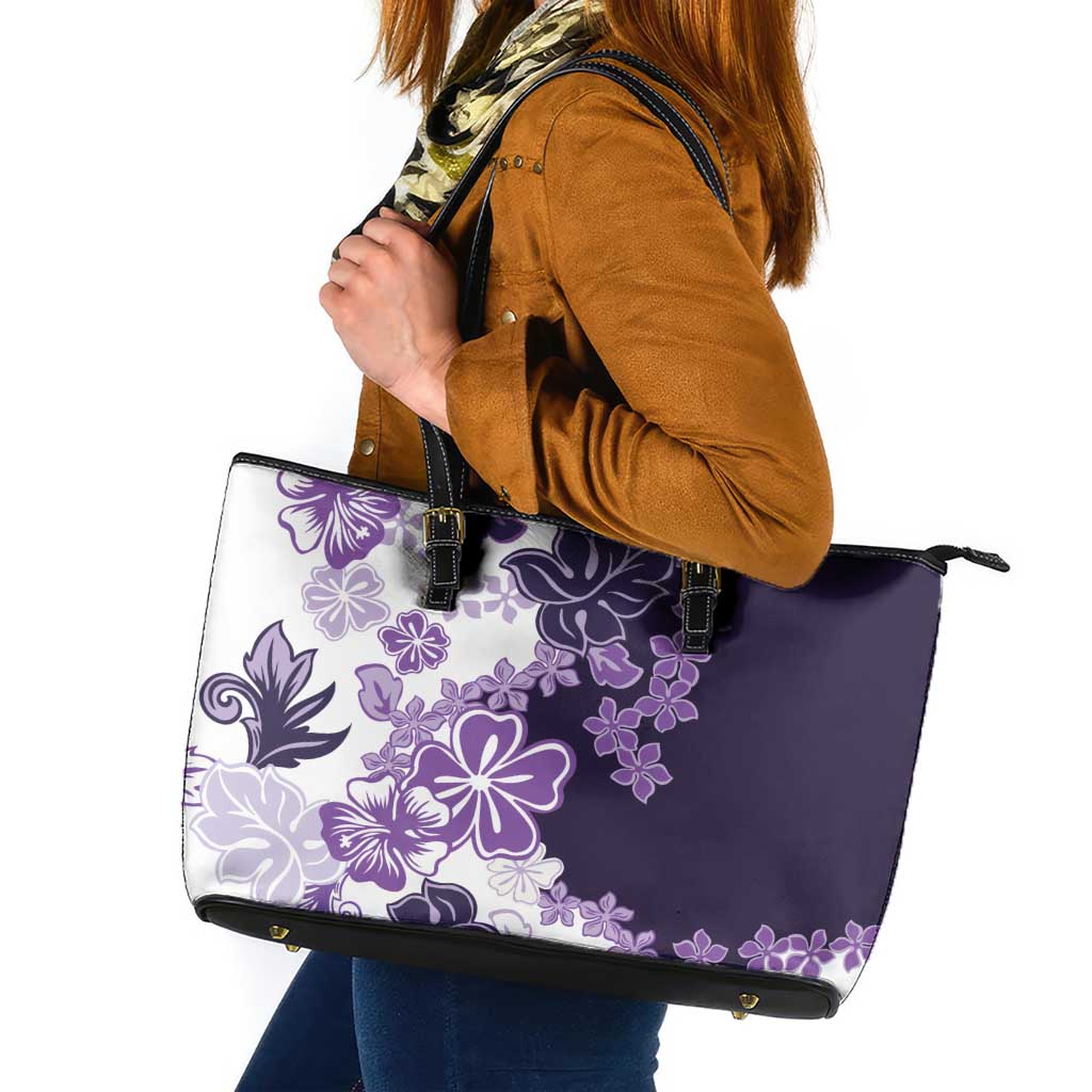 Purple Hibiscus Plumeria Floral Leather Tote Bag LT01 Purple - Polynesian Pride