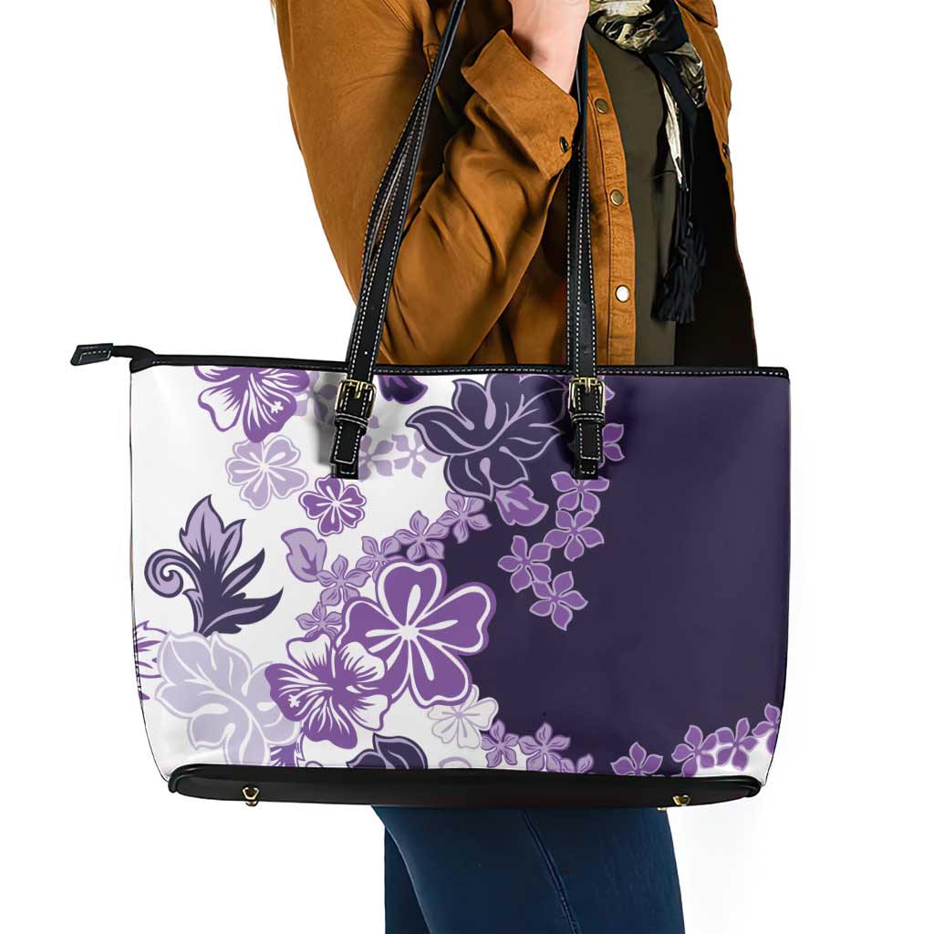 Purple Hibiscus Plumeria Floral Leather Tote Bag LT01 - Polynesian Pride
