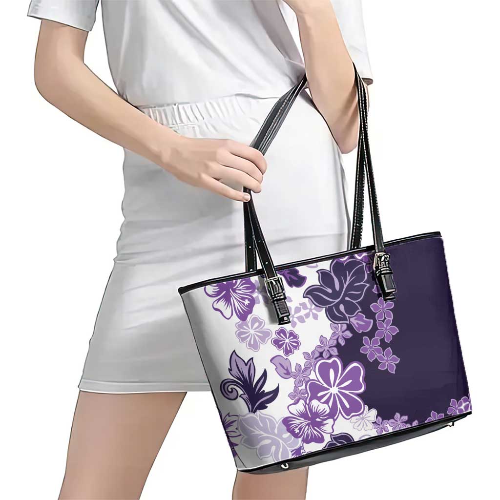 Purple Hibiscus Plumeria Floral Leather Tote Bag LT01 - Polynesian Pride