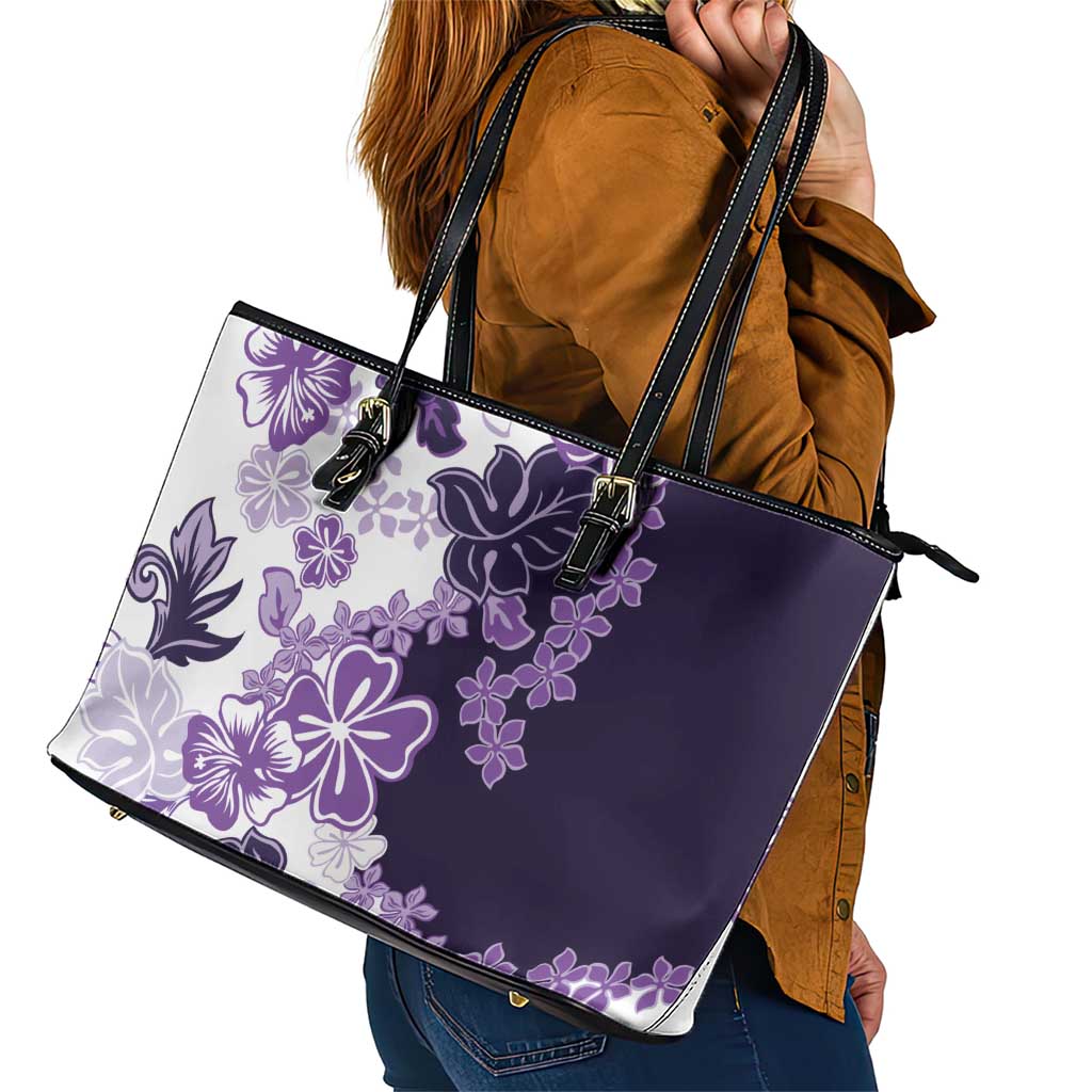 Purple Hibiscus Plumeria Floral Leather Tote Bag LT01 - Polynesian Pride