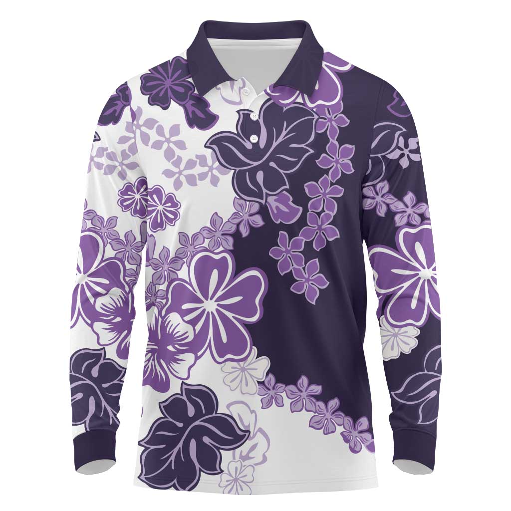 Purple Hibiscus Plumeria Floral Long Sleeve Polo Shirt - Polynesian Pride