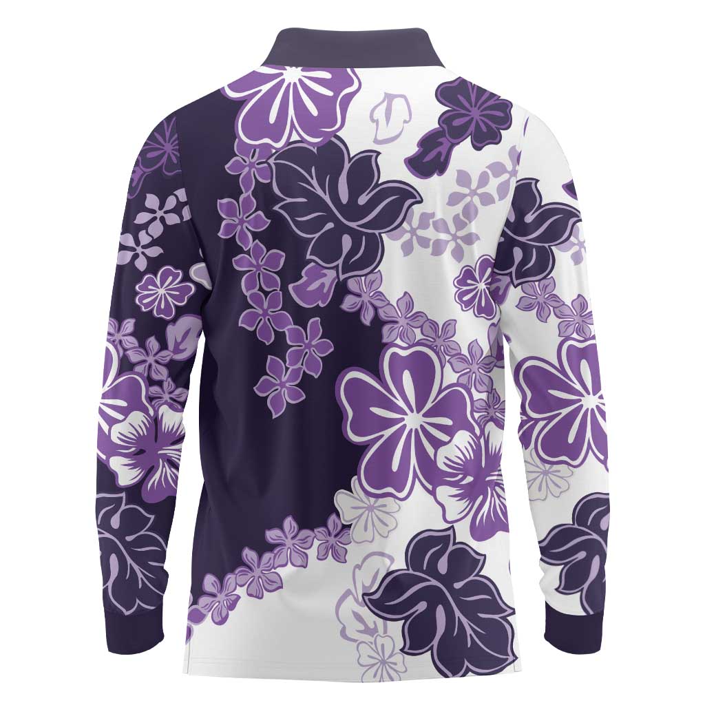 Purple Hibiscus Plumeria Floral Long Sleeve Polo Shirt - Polynesian Pride