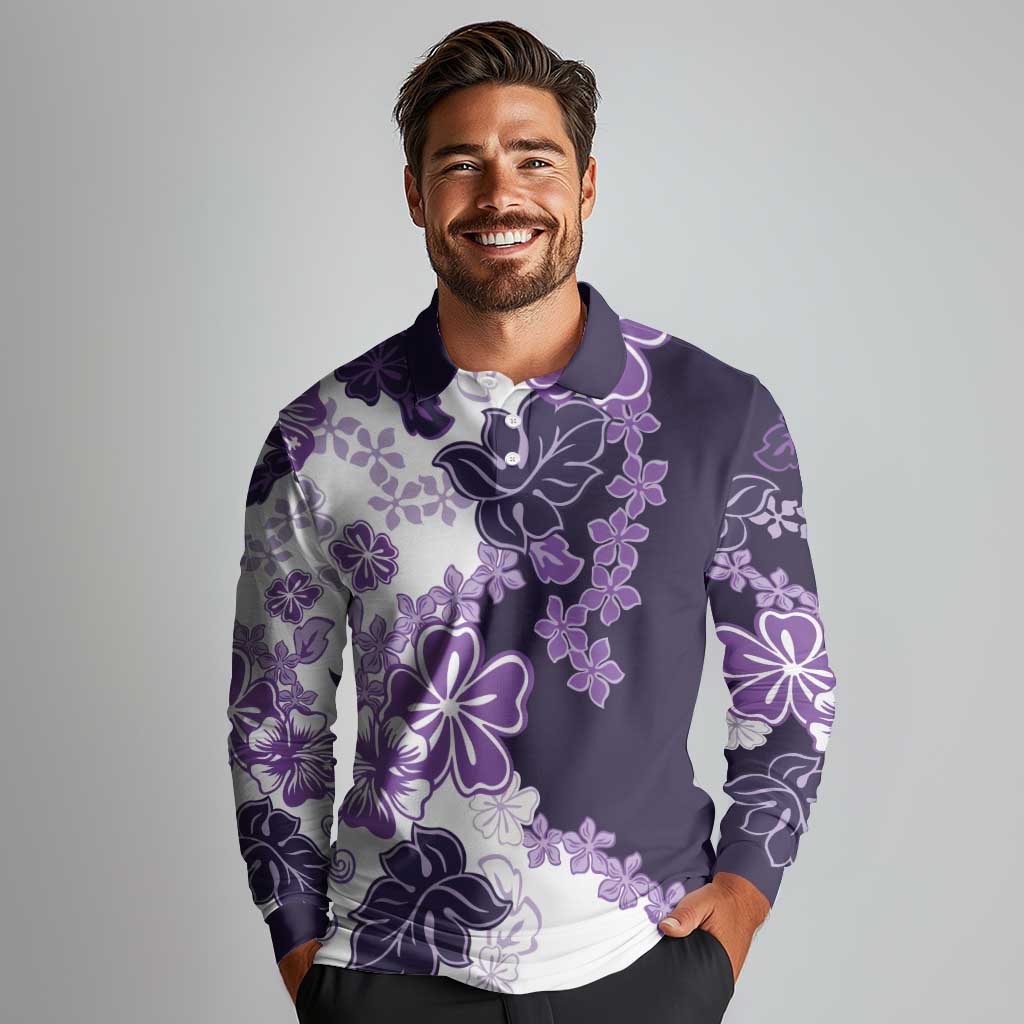 Purple Hibiscus Plumeria Floral Long Sleeve Polo Shirt - Polynesian Pride
