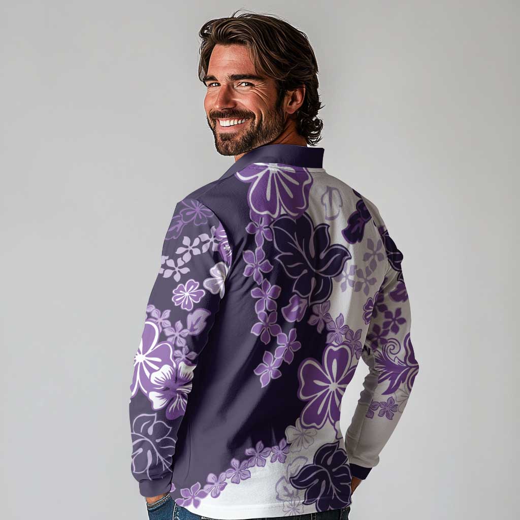 Purple Hibiscus Plumeria Floral Long Sleeve Polo Shirt - Polynesian Pride