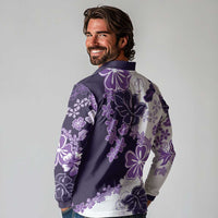 Purple Hibiscus Plumeria Floral Long Sleeve Polo Shirt - Polynesian Pride