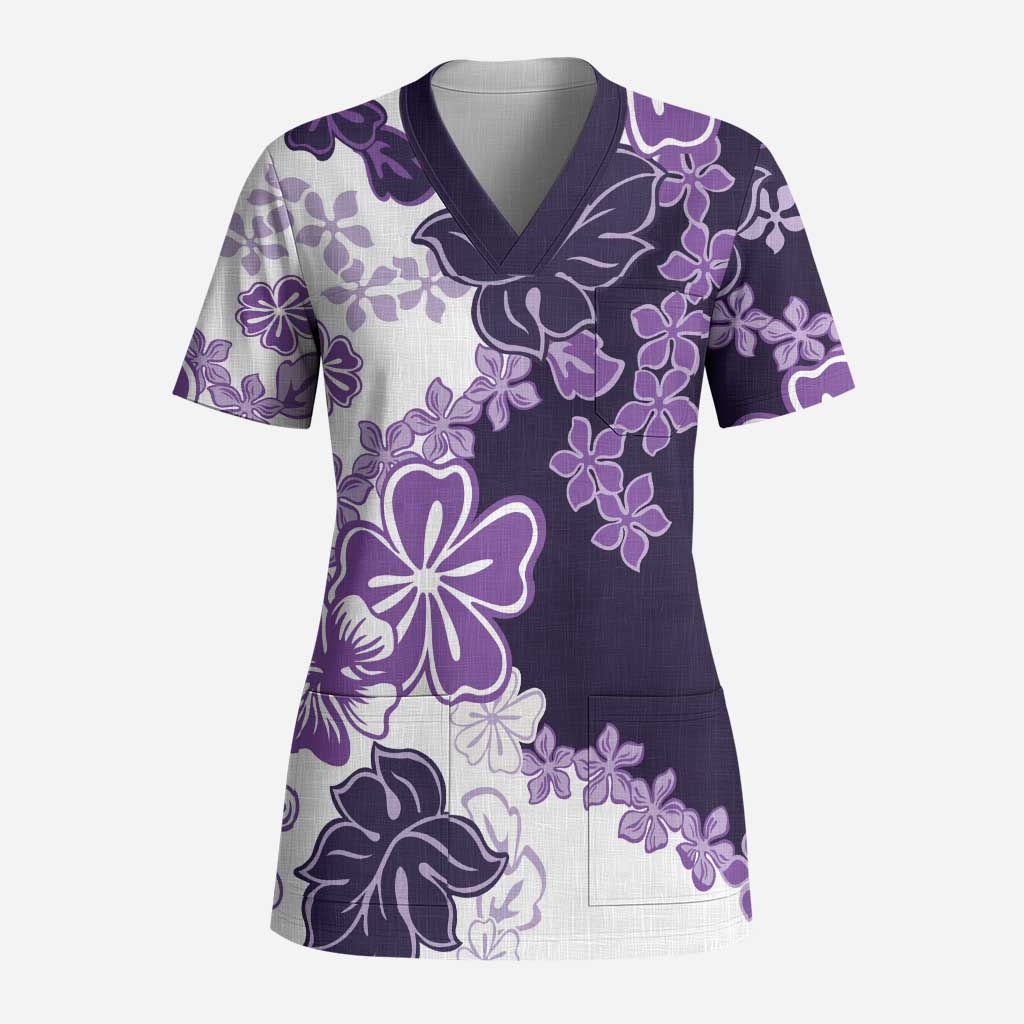 Purple Hibiscus Plumeria Floral Scrub Top - Polynesian Pride