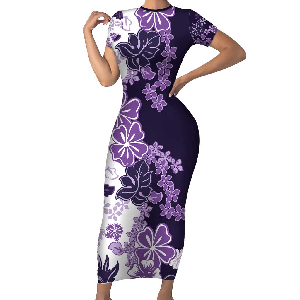 Purple Hibiscus Plumeria Floral Short Sleeve Bodycon Dress - Polynesian Pride