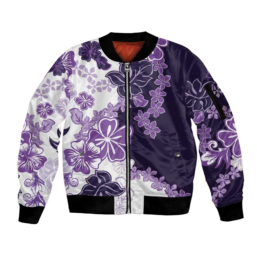 Purple Hibiscus Plumeria Floral Sleeve Zip Bomber Jacket LT01 Unisex Purple - Polynesian Pride