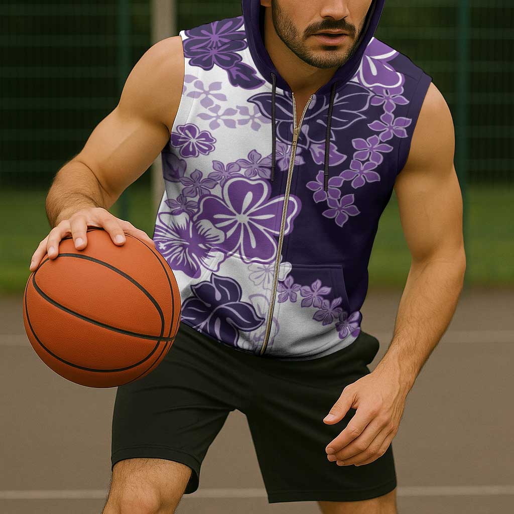 Purple Hibiscus Plumeria Floral Sleeveless Zip Hoodie - Polynesian Pride