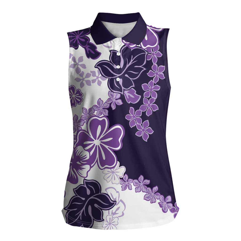 Purple Hibiscus Plumeria Floral Women Sleeveless Polo Shirt - Polynesian Pride