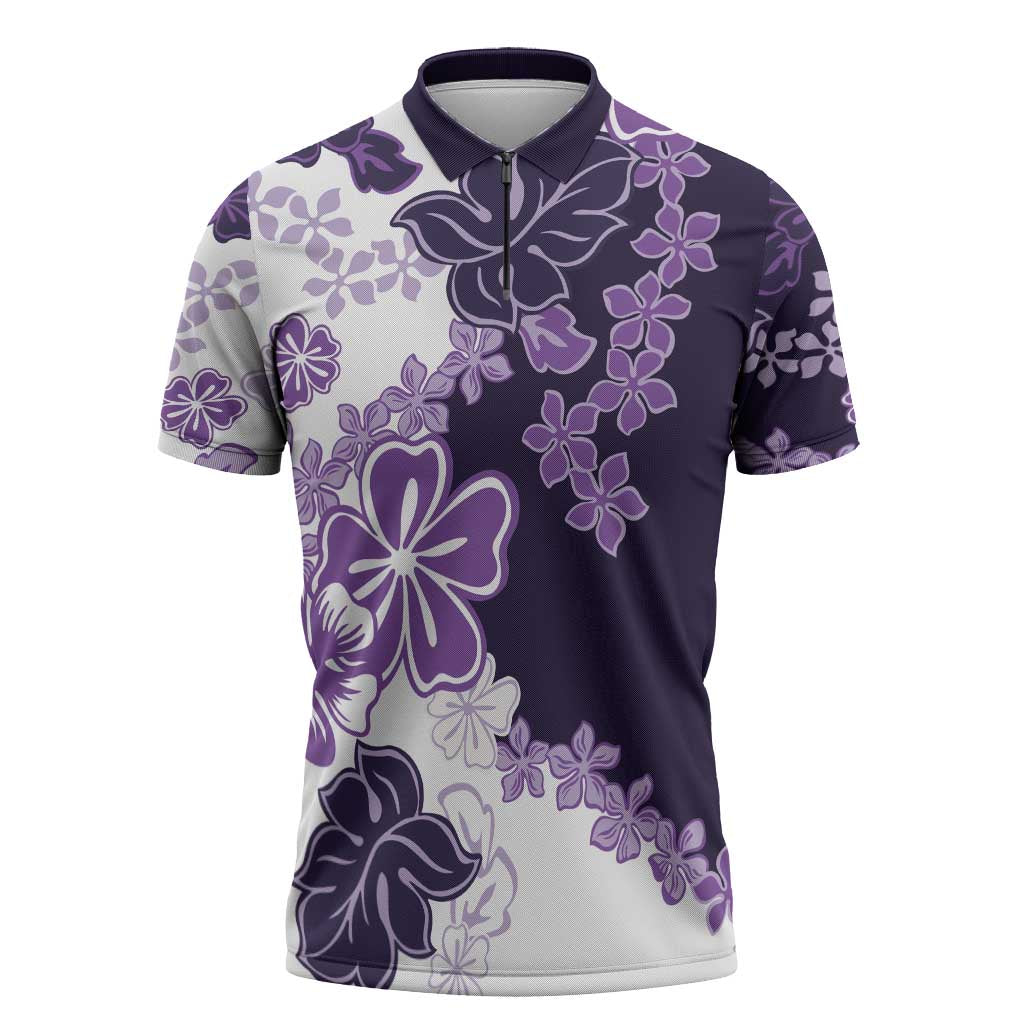 Purple Hibiscus Plumeria Floral Zipper Polo Shirt - Polynesian Pride