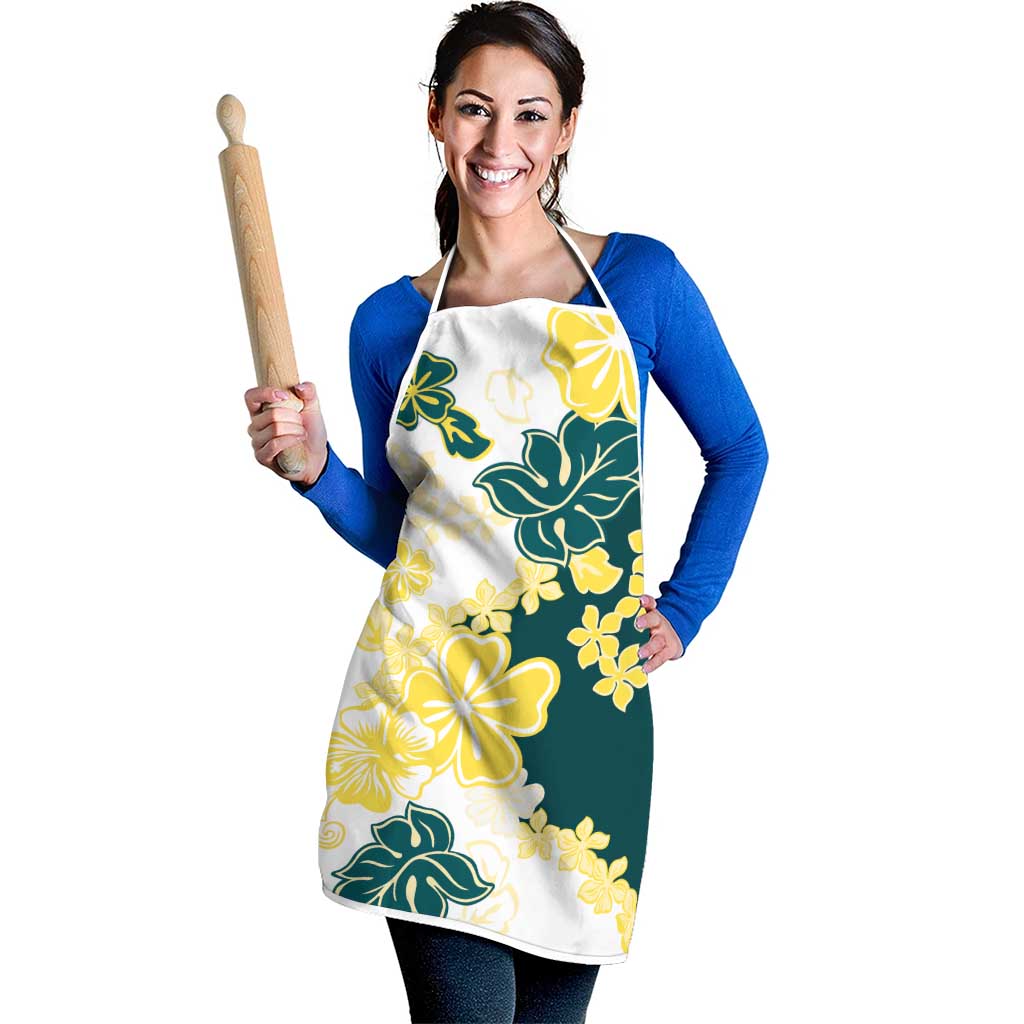 Yelow Teal Hibiscus Plumeria Floral Apron - Polynesian Pride