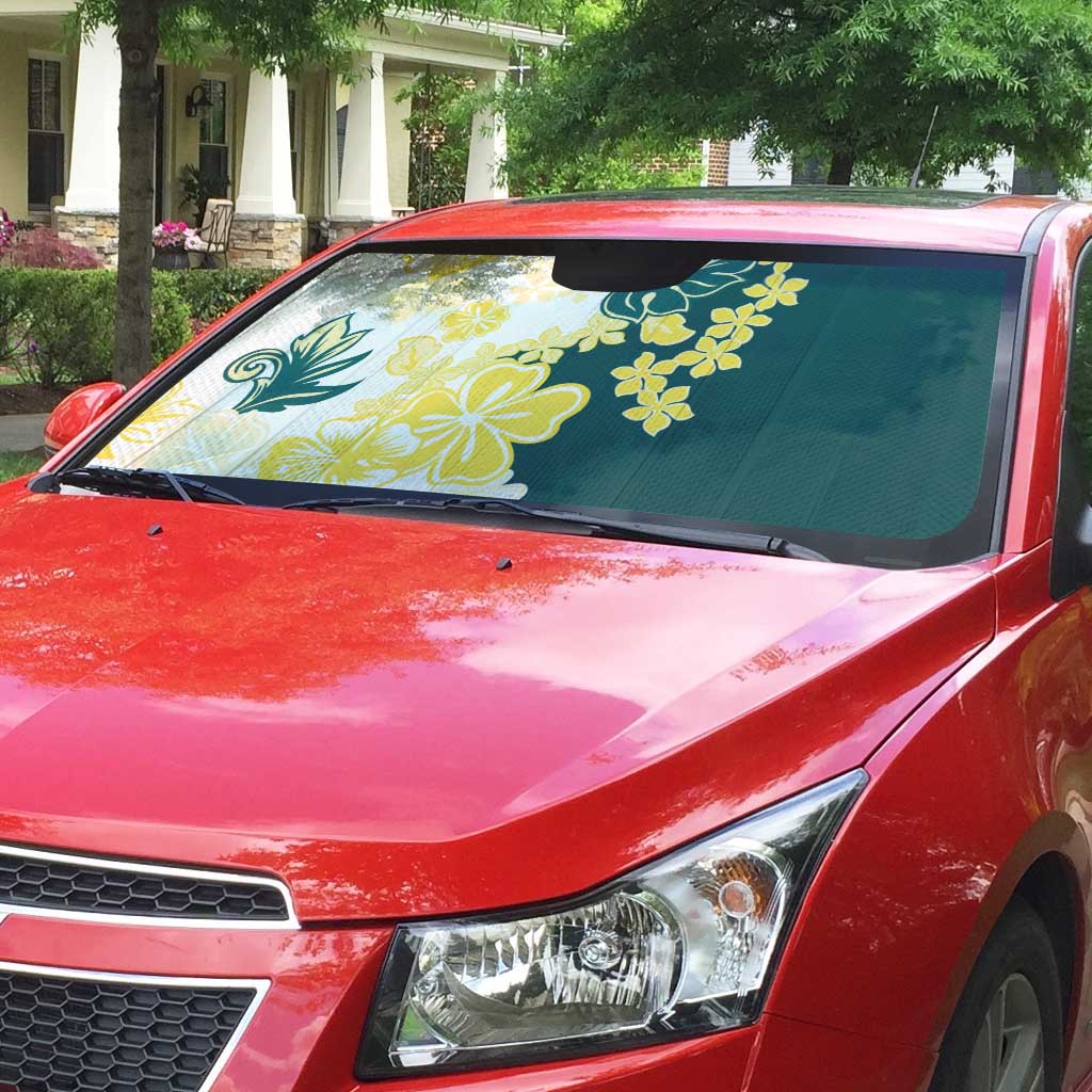 Yelow Teal Hibiscus Plumeria Floral Auto Sun Shade - Polynesian Pride