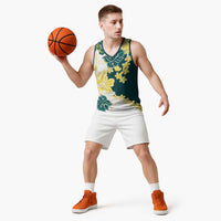 Yelow Teal Hibiscus Plumeria Floral Basketball Jersey LT01 - Polynesian Pride