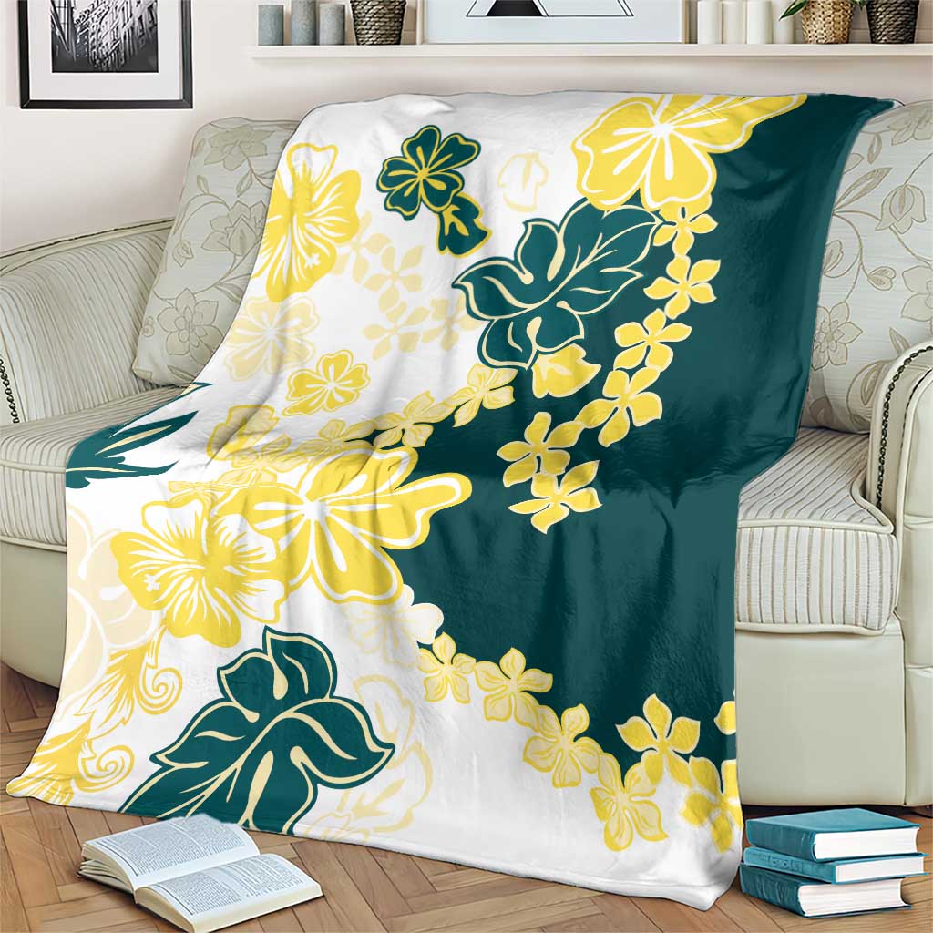 Yelow Teal Hibiscus Plumeria Floral Blanket - Polynesian Pride