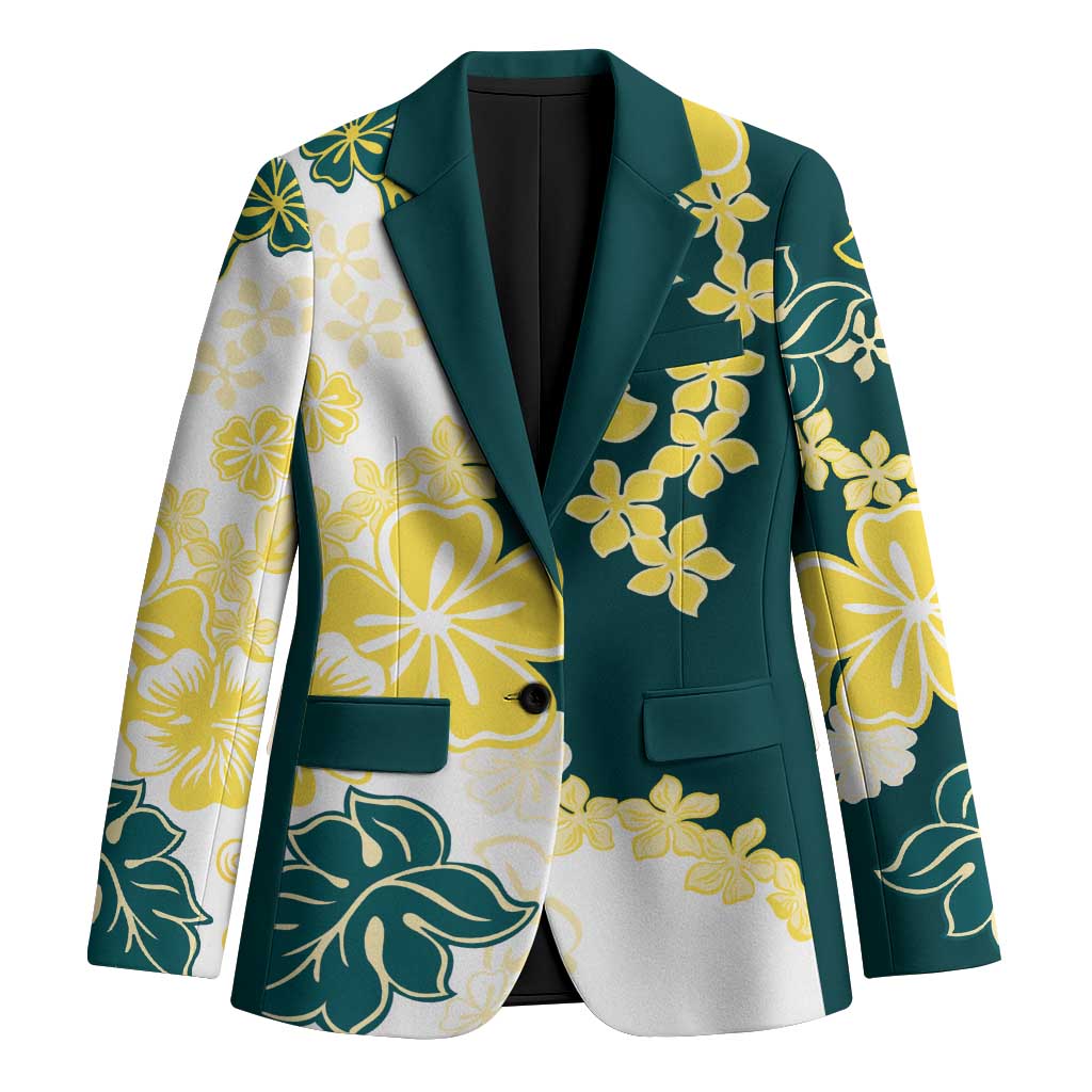 Yelow Teal Hibiscus Plumeria Floral Blazer - Polynesian Pride