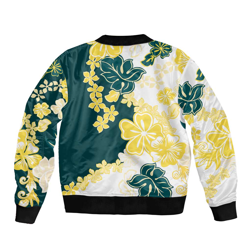 Yelow Teal Hibiscus Plumeria Floral Bomber Jacket - Polynesian Pride