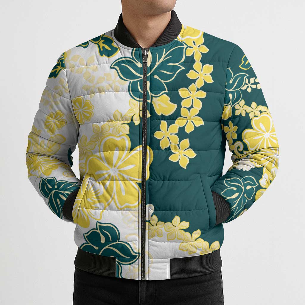 Yelow Teal Hibiscus Plumeria Floral Bomber Puffer Jacket LT01 - Polynesian Pride