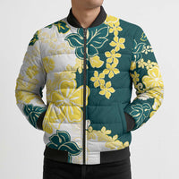 Yelow Teal Hibiscus Plumeria Floral Bomber Puffer Jacket LT01 - Polynesian Pride
