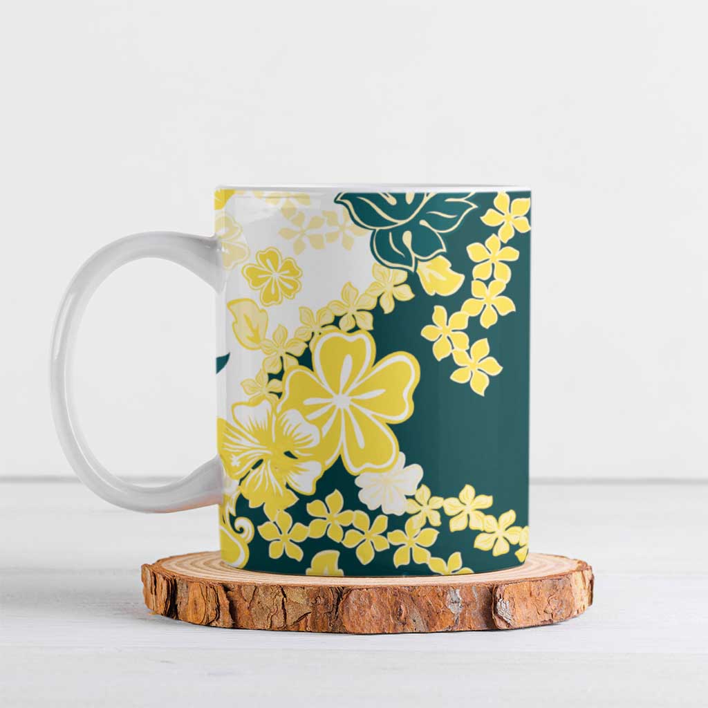 Yelow Teal Hibiscus Plumeria Floral Ceramic Mug - Polynesian Pride