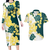 Yelow Teal Hibiscus Plumeria Floral Couples Matching Long Sleeve Bodycon Dress and Hawaiian Shirt - Polynesian Pride