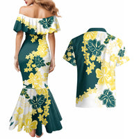 Yelow Teal Hibiscus Plumeria Floral Couples Matching Mermaid Dress and Hawaiian Shirt - Polynesian Pride