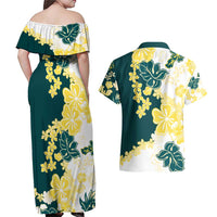 Yelow Teal Hibiscus Plumeria Floral Couples Matching Off Shoulder Maxi Dress and Hawaiian Shirt - Polynesian Pride