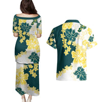 Yelow Teal Hibiscus Plumeria Floral Couples Matching Puletasi and Hawaiian Shirt - Polynesian Pride