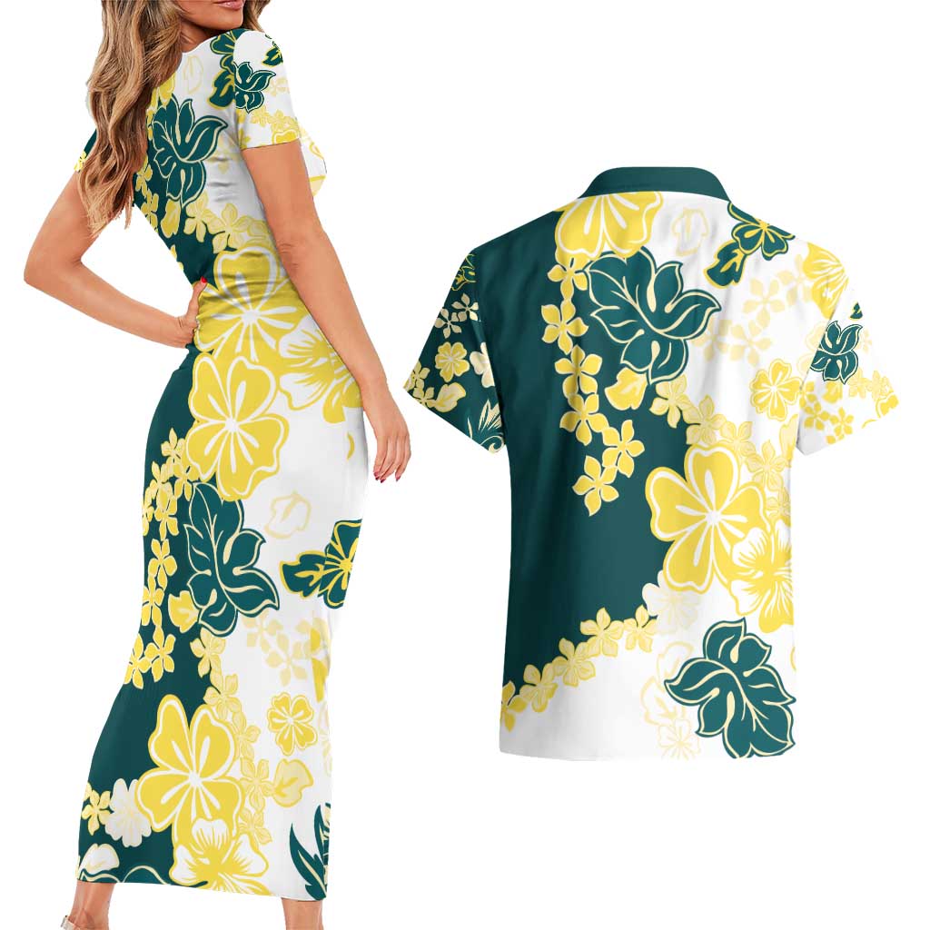 Yelow Teal Hibiscus Plumeria Floral Couples Matching Short Sleeve Bodycon Dress and Hawaiian Shirt - Polynesian Pride