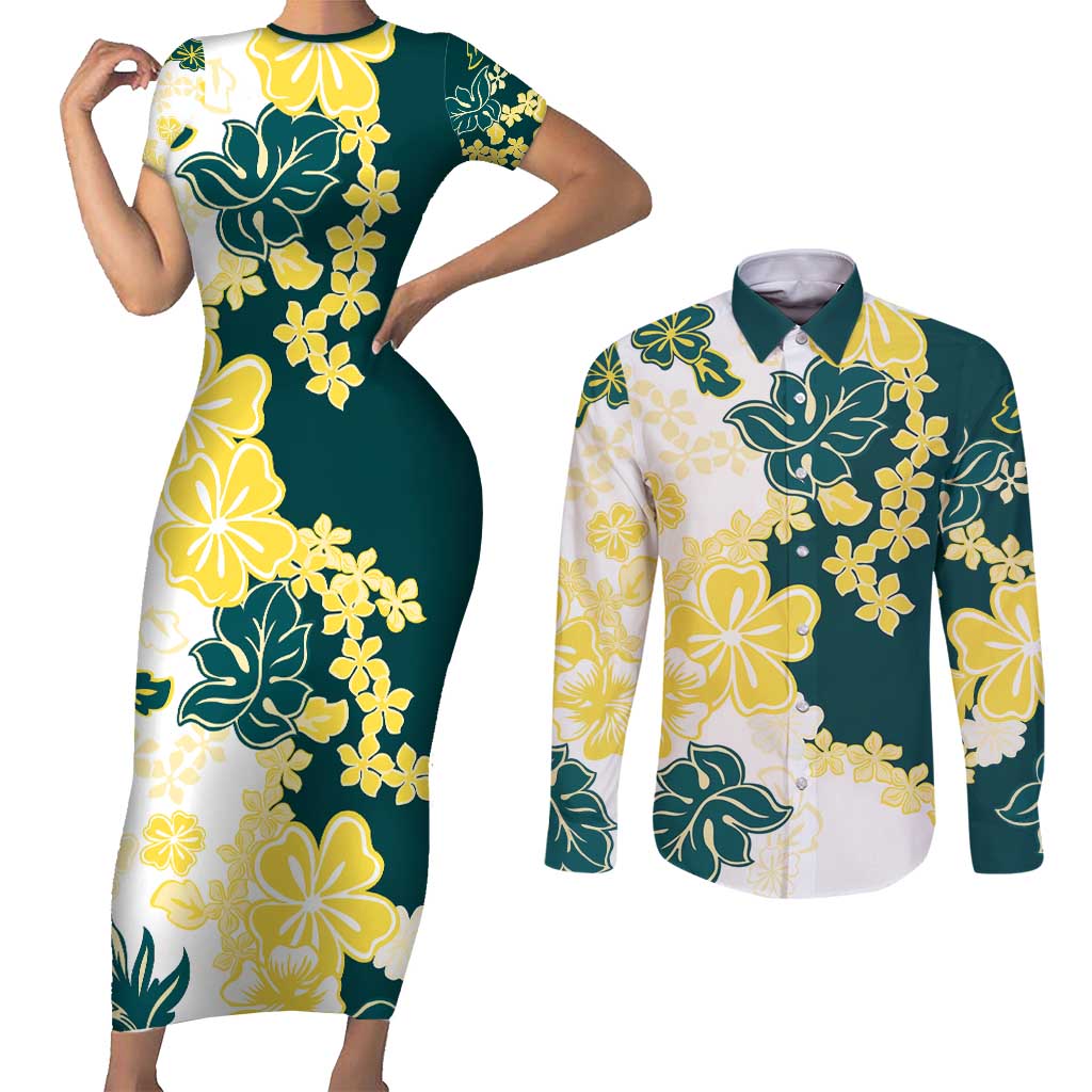 Yelow Teal Hibiscus Plumeria Floral Couples Matching Short Sleeve Bodycon Dress and Long Sleeve Button Shirt - Polynesian Pride