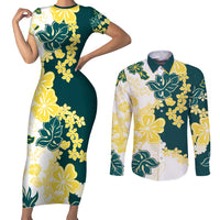 Yelow Teal Hibiscus Plumeria Floral Couples Matching Short Sleeve Bodycon Dress and Long Sleeve Button Shirt - Polynesian Pride