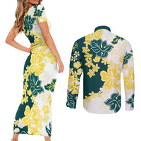 Yelow Teal Hibiscus Plumeria Floral Couples Matching Short Sleeve Bodycon Dress and Long Sleeve Button Shirt - Polynesian Pride
