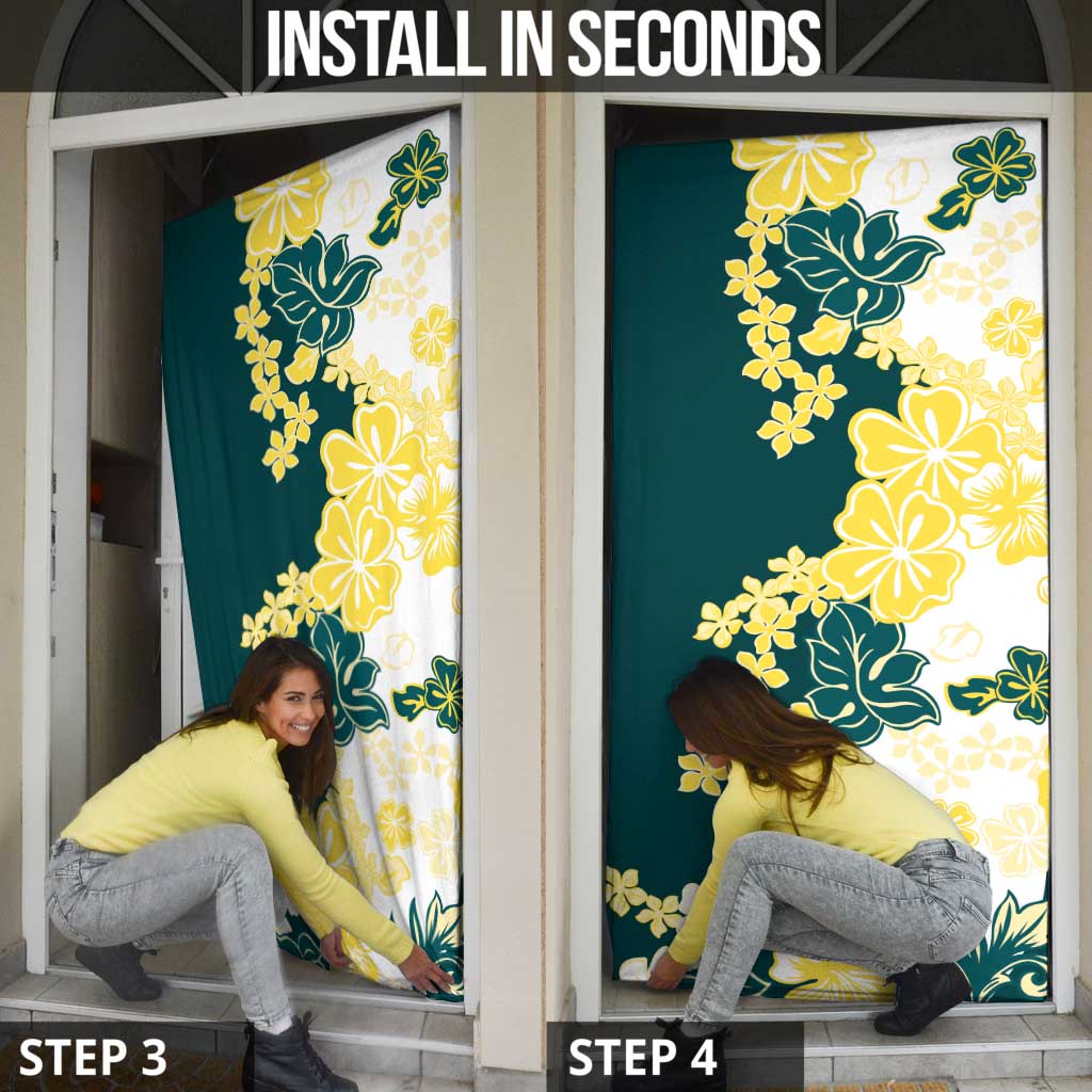 Yelow Teal Hibiscus Plumeria Floral Door Cover - Polynesian Pride